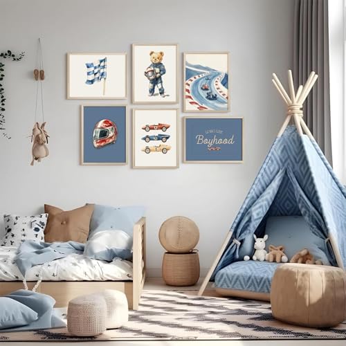 Nursery Race Car Wall Art Boys Room Canvas Wall Decor Vintage Nursery Prints Teddy Bear Poster Race Car Pictures Baby Boy Toddler Painting Artwork for Kids Bedroom Playroom 8x10 Inch Unframed 6Pcs - Image 3