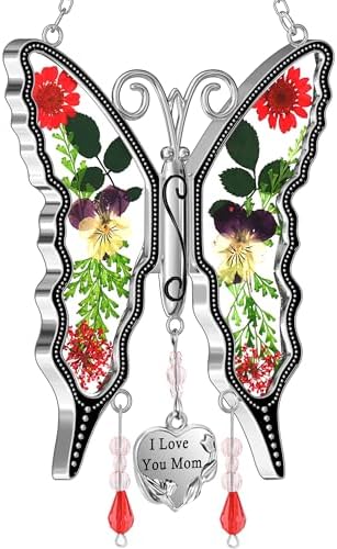 KY&BOSAM Butterfly Suncatchers for Mom,Glass Pressed Flowers,I Love You Mom by KYBOSAM