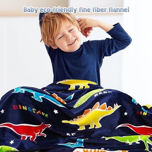 Jekeno Dinosaur Glow in The Dark Blanket Dino Gift Throw for Kids Boys Girls Birthday Christmas Halloween Easter Decor for Age 1-16 Years Old Teens Child Toddler Son Throw Navy Blue 50"x60" - Image 4
