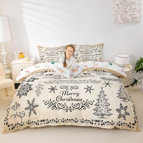 Merry Christmas Kids Duvet Cover Set Queen Size,Deer Snowflake Rustic Farmhouse Bedding Set,Girls Boys Adults Room Decor,Christmas Trees Flowers Comforter Cover,Brown Retro Quilt Cover,2 Pillowcases by Manfei