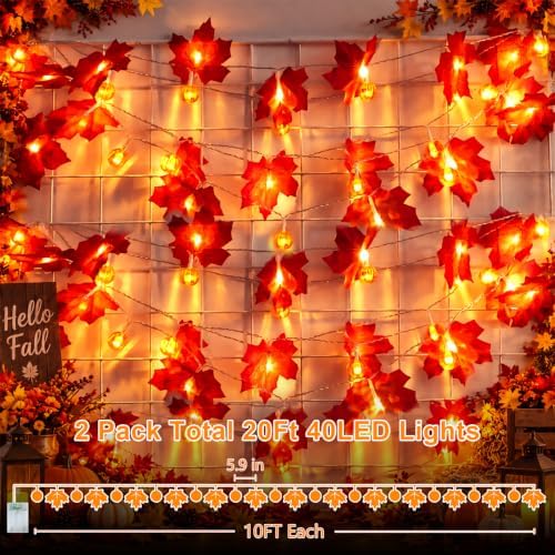 YEGUO 2Pack Fall Garland Lights, 20ft 40LED Maple Leaves with Pumpkin - Image 4