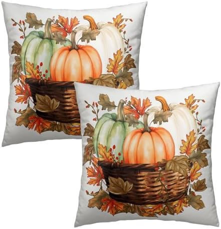 Autumn Pumpkin in The Basket Throw Pillow Covers 24X24 Inches Set of 2 Fall Maple Leaf Flower Pillowcase Soft Cotton Square Harvest Thanksgiving Cushion Covers for Home Sofa Bedroom Decoration - Image 2