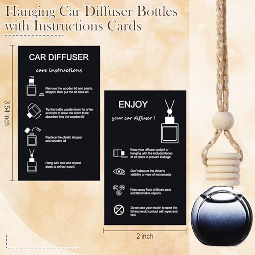 Boao 50 Sets Hanging Car Air Freshener Diffuser Bottles with 2 x 3.54 Inch Car Diffuser Instructions Cards for Empty Essential Oil Bottles(Black Card,Black Round)