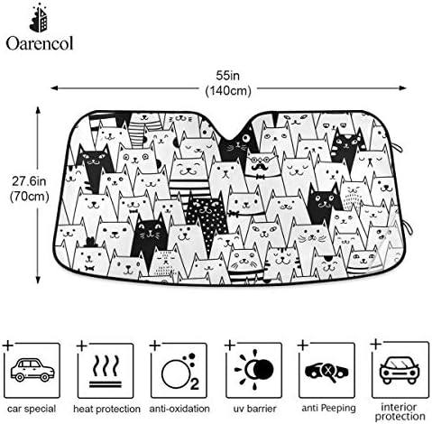 Funny Cat Car Windshield Sun Shade Cute Black White Kitty Animal Foldable UV Ray Sun Visor Protector Sunshade to Keep Your Vehicle Cool (55" x 27.6")
