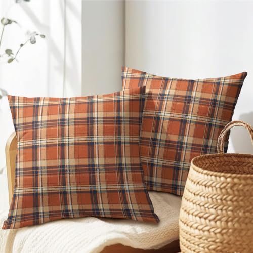 Fall Plaid Pillow Covers 16x16 Set of 2 Autumn Burnt Orange Scottish Tartan Square checked Outdoor Throw Pillows Covers Farmhouse Classic Decorative Farmhouse Cushion Case for Living Room Couch Sofa - Image 7