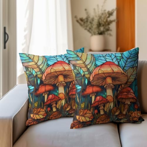 Summer Pillow Covers 16x16 Inch Set of 2, Mushroom Throw Pillow Covers Teal Blue Pillowcase, Soft Decorative Seasonal Spring Fall Cushion Case Couch for Indoor Outdoor Home Decor - Image 3