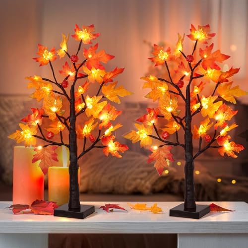 Fall Decor 2 Pack 24 Inch Lighted Maple Tree with 48 LED & Timer, Battery Operated Artificial Autumn Tabletop Tree with Acorns Maple Indoor Fall Decorations for Home, Thanksgiving Table Decor - Image 5