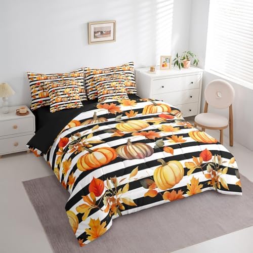 Thanksgiving Pumpkin King Size Comforter Set 7 Piece Fall Leaves Bedding Comforter Set,Black and White Striped Autumn Harvest Bed in a Bag with Comforter,Flat Sheet,Fitted Sheet,Pillowcases - Image 2