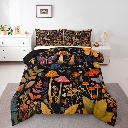 Feelyou Mushroom Bedding Set Queen Size Boho Comforter Set for Kids Boys Girls Death Moth Comforter Flowers and Plants Duvet Set - Image 6