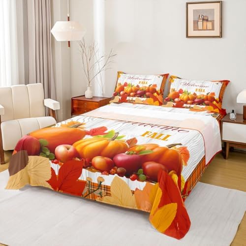 Pumpkin Sheet Set Twin Happy Fall Bed Sheets Thanksgiving Harvest Season Bedding Set For Kids Teen Adults,Orange Buffalo Plaid Fitted Sheet Rustic Farmhouse Flat Sheet 1 Pillow Case Home Room Decor by Erosebridal