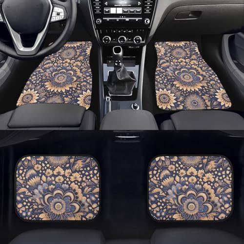 Mandala 4 Pcs Automotive Mats Retro Ethnic Tribe Mandala All Weather Car Decor Accessories Lotus Flower Graphic Universal Fit Floor Mats for SUV, Truck Soft Heel Pad