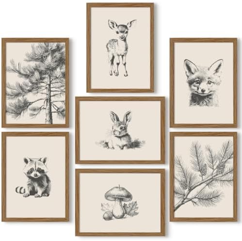 Nursery Wall Art Woodland Animal Canvas Wall Decor Baby Room Pictures Forest Animal Prints Kids Wall Art Pine Tree Poster Nature Vintage Artwork Deer Fox Painting for Bedroom 8x10x7 Inch Framed by Unknown