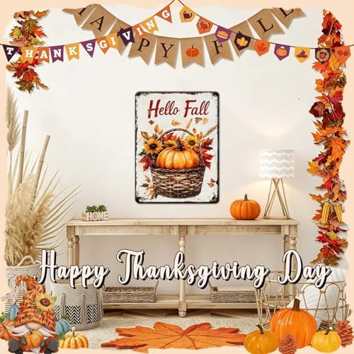 Thanksgiving Day Pumpkin Retro Tin Sign Hello Fall Metal Wall Decor for Living Room Bedroom Kitchen Office Front Porch 12x16Inch - Image 5