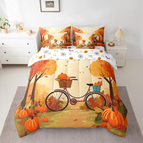 Erosebridal Bicycle Bed in a Bag 7 Piece,Thanksgiving Pumpkin Bedding Sets Maple Leaves Country Farmhouse Autumn Decor Queen Size Sheet Sets with Comforter,Flat Sheet,Fitted Sheet,Pillowcases - Image 3