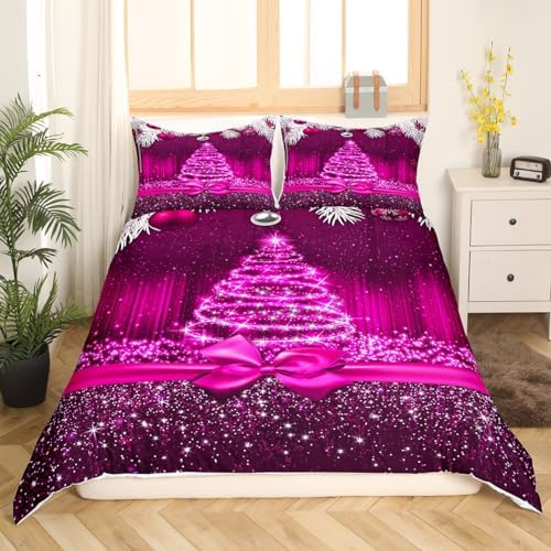 Merry Christmas Kids Duvet Cover Set Twin Size,Snowflake Christmas Tree Bowknot Bedding Set,Girls Boys Adults Room Decor,Purple Gradient Glitter Comforter Cover,Romantic Quilt Cover,1 Pillowcase - Image 2