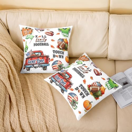 Manfei Autumn Rugby Throw Pillow Covers 2 Pack,Rustic Fall Pumpkin Maple Leaves Double Sides Print Cushion Covers for Sofa,Football Sports Theme White Pillow Covers,22"x 22" - Image 2