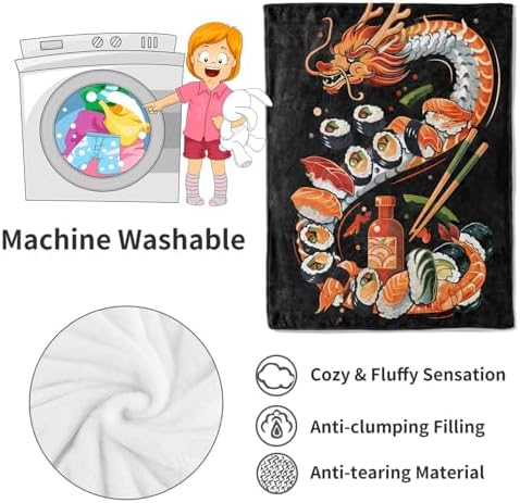 Sushi Dragon Blanket Japanese Cuisine Throw Blankets,Birthday Gifts for Kids Girls Women,Lightweight Soft Fleece,Sweet Food Lovers,Sofa Couch Bed Room Modern Decor 60x80in - Image 4