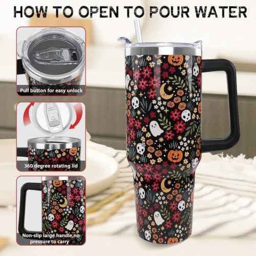 Halloween Tumbler with Handle 40oz Fall Cute Ghost Skull Flowers Coffee Travel Mug Stainless Steel Insulated Cups Halloween Fall Aesthetics Decor Gifts - Image 5