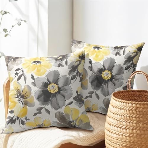 Summer Pillow Covers 24x24 Inch Set of 2, Floral Throw Pillow Covers Yellow Gray Pillowcase, Watercolor Decorative Seasonal Spring Flower Cushion Case Couch for Indoor Outdoor Home Decor - Image 7