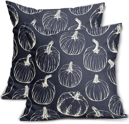 Dark Blue Fall Pumpkin Pillow Covers 24x24 Set of 2 Autumn Themed Thanksgiving Cream Print Decorative Throw Pillows Outdoor PillowCase Farmhouse Linen Cushion Case Decor for Home Sofa Couch Bed by Aytipun