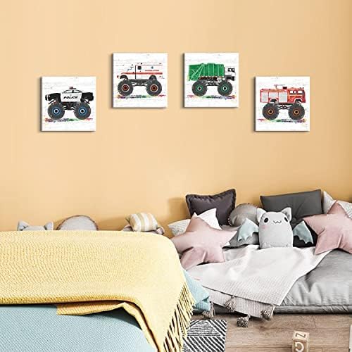 Monster Truck Room Decor Vehicles Pictures Wall Art Cartoon Car Canvas Prints for Boys Room Kids Bedroom Nursery Garbage Firetruck Ambulance Police Car Painting Artwork Home Decorations 20x20” 4 Pcs - Image 6