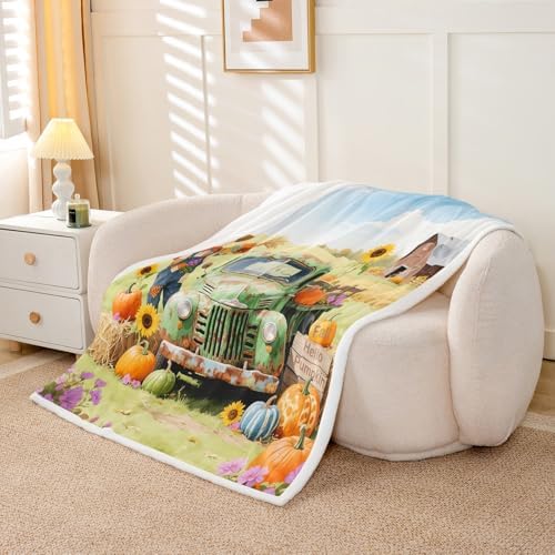 Fall Pumpkin Throw Blanket Harvest Truck Scarecrow Fleece Flannel Blankets Kids Boys Girls Room Decor Thanksgiving Sunflower Bed Blankets for Bed Sofa Couch Orange Green Plush Blanket Queen 90"x90" - Image 5