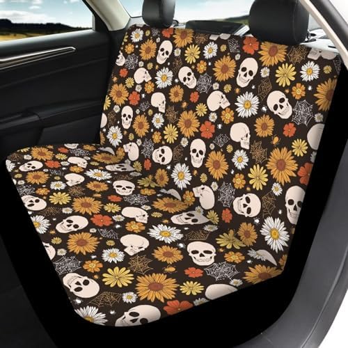 Vintage Abstract Flowers Car Seat Covers Sunflower Trippy Hippy Floral Car Accessories Set of 4 with Daisy Groovy Front and Rear Seat Covers Halloween Skeleton Skull Auto Bench Protector