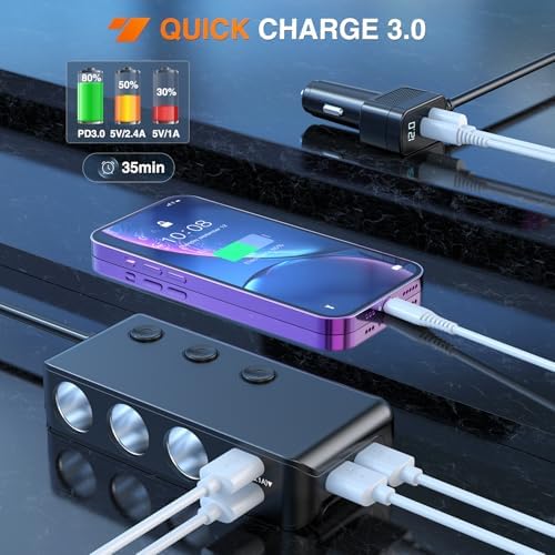 Nilight 9 in 1 Cigarette Lighter Adapter Splitter with PD/QC 3.0