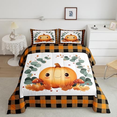 Erosebridal Fall Bedding Twin,Thanksgiving Pumpkin Comforter Set Green Eucalyptus Leaves Bed Sets Thanksgiving Autumn Leaf Duvet Insert 2 Pieces - Image 2
