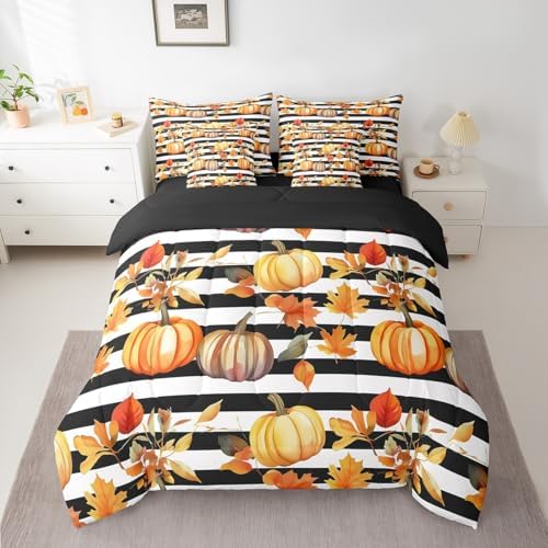Thanksgiving Pumpkin King Size Comforter Set 7 Piece Fall Leaves Bedding Comforter Set,Black and White Striped Autumn Harvest Bed in a Bag with Comforter,Flat Sheet,Fitted Sheet,Pillowcases - Image 3