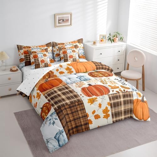 Erosebridal Patchwork Autumn Fall Queen Comforter Set 7 Piece Blue Orange Pumpkin Bed in A Bag Farmhouse Buffalo Plaid Thanksgiving Bedding Set for Kids Adults Maple Leaf Sheet Set with Comforter - Image 3
