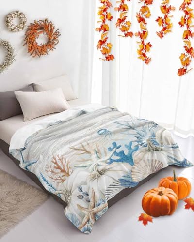 DecorLovee Blue Coastal Fall Blanket 60"x80", Reversible Starfish Coral Throw Blanket for Couch/Bed, Thanksgiving Pumpkins Lightweight Soft Throw Blankets for Men, Warm Fuzzy Blankets for Winter - Image 4