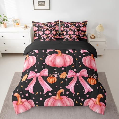 Erosebridal Cute Pumpkin King Bedding Set 7 Piece Kawaii Pink Bowknot Comforter Set for Kids Girls Teen Fall Thanksgiving Day Bed in A Bag Cute Autumn Floral Maple Leaf Sheet Set with Comforter - Image 2