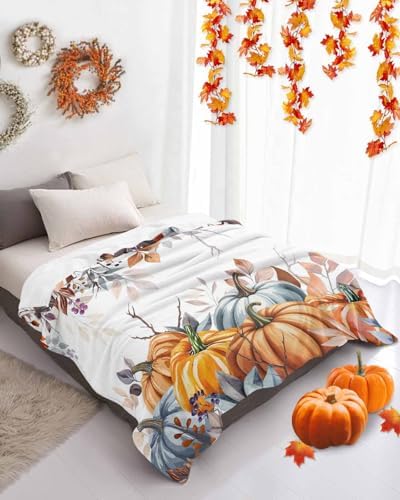 DecorLovee Orange Blue Fall Blanket 30"x40", Reversible Thanksgiving Throw Blanket for Couch/Bed/Camping, Maple Leaf Pumpkins Lightweight Soft Throw Blankets for Kids, Warm Fuzzy Blankets for Winter - Image 4