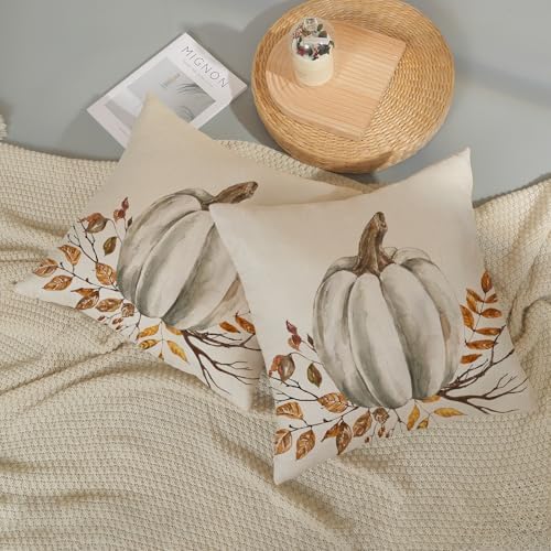 Fall Pillow Covers 18x18 Set of 2 White Pumpkin Leaf Branch Fall Decor Pillowcase Autumn Harvest Thanksgiving Decorative Outdoor Throw Pillow Covers Linen Farmhouse Cushion Case for Couch Home - Image 5