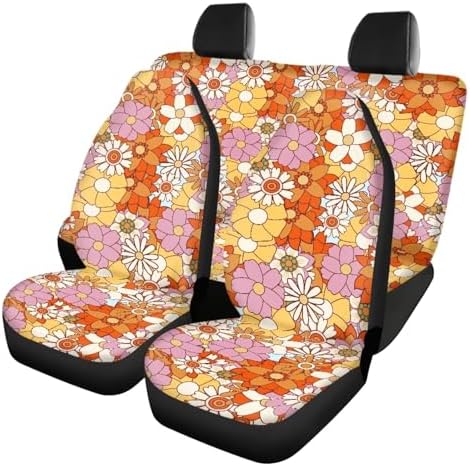 Hippie Flowers Print Car Seat Covers Set Front Rear Seat Covers 4 Piece Vehicle Split Bench Protector Cover Aesthetic Auto Accessories for SUV Van Interior Decor