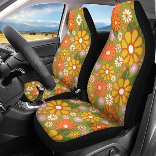 60s Groovy Hippie Flower Print Car Seat Covers 4Pcs Front & Rear Breathable Seat Covers Universal Fits for Truck, Sedan, SUV Auto Interior Protector Car Accessories