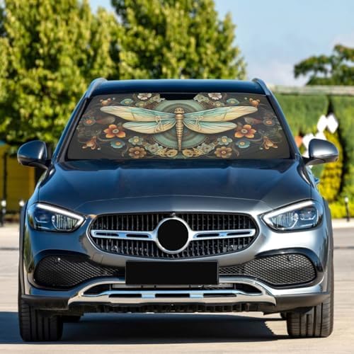 Windshield Sun Shade Dragonfly Florals Mandala Boho Car Sunshade for Auto Truck SUV, Sun Shield that Keeps Your Vehicle Cool, Foldable, Storage Bag 62 x 32 in