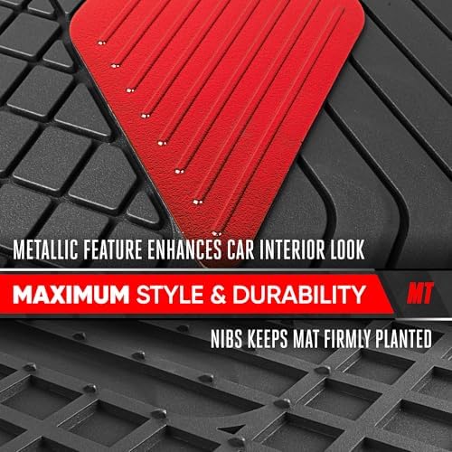 Motor Trend MetallicGuard Car Floor Mats Full Set - Durable Rubber Floor Mats with Red Metallic Heel Pad, All-Weather Interior Protection for Front and Rear with Non-Slip Backing