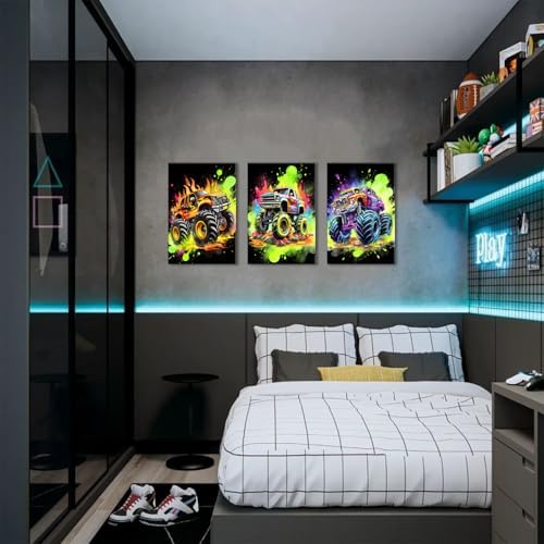 Monster Truck Canvas Wall Art Cool Watercolor Car Poster for Boys Room Modern Graffiti Truck Pictures Wall Decor Pop Vehicles Artwork Nursery Toddler Bathroom Bedroom Home Decoration 24x36" 3P - Image 2