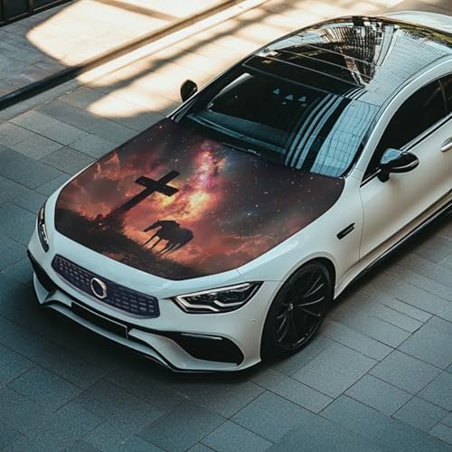 Cross Horse Car Hood Cover Polyester Elastic Fabrics Washable Suitable for Large SUV and Pickup Trucks 39×59in