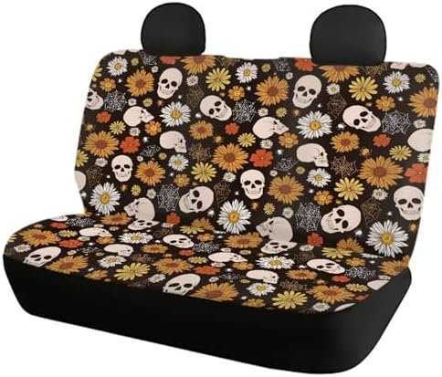 Vintage Abstract Flowers Car Seat Covers Sunflower Trippy Hippy Floral Car Accessories Set of 4 with Daisy Groovy Front and Rear Seat Covers Halloween Skeleton Skull Auto Bench Protector