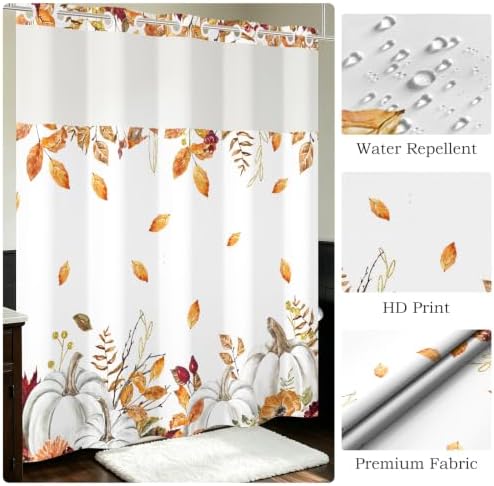 No Hook Shower Curtain with Snap in Liner, Hotel Style Watercolor Fall Autumn Pumpkins with Gold Branches Thanksgiving Shower Curtain Waterpoof Washable with See Through Top Window,71"x71" - Image 5