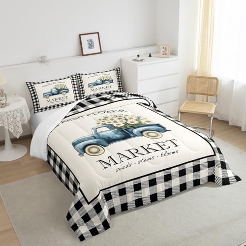 Homewish Daisy Flowers Truck Comforter Set King Size Black White Geometric Grid Bedding Set for Kids Girls Teens Boys Room Decor Spring Garden Plants Quilt Set Rustic Farmhouse Duvet Insert 3pcs - Image 4