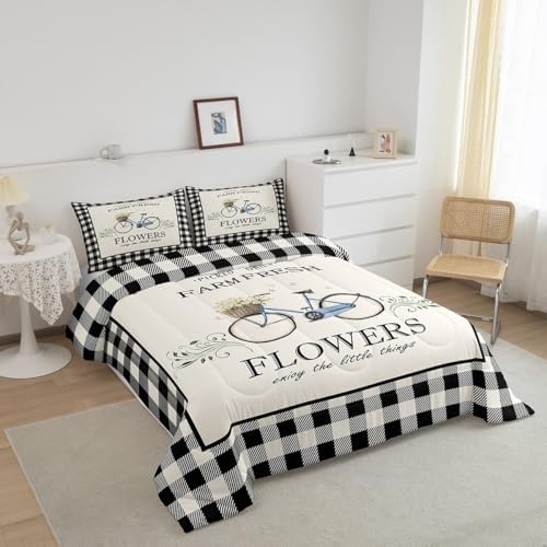 Rustic Farmhouse Comforter Set King Size Vintage Bicycle Flowers Quilt Set Geometric Black White Plaid Bedding Set 3pcs for Kids Girls Women Room Decor Spring Nature Duvet Insert,2 Pillowcases - Image 2