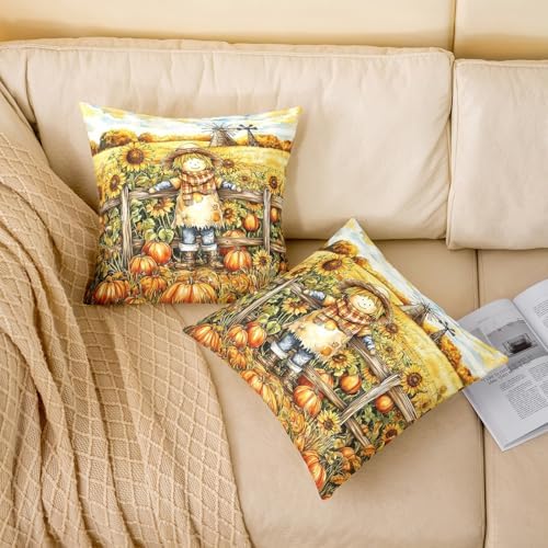Manfei Cute Scarecrow Reversible Print Pillow Covers 2 Pack,Fall Pumpkin Sunflower Yellow Orange Decorative Cushion Covers 16"x16",Rustic Farmhouse Cabin Autumn Harvest Pillow Covers,2 Pack - Image 2