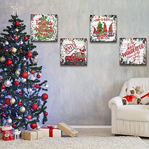 Christmas Wall Art Santa Claus Gnomes Picture Farmhouse Red Truck with Gifts Decor Christmas Tree Painting Colorful Balls Canvas Poster Xmas Artwork for Bedroom Living Room Decoration 12x12" 4Pcs - Image 4