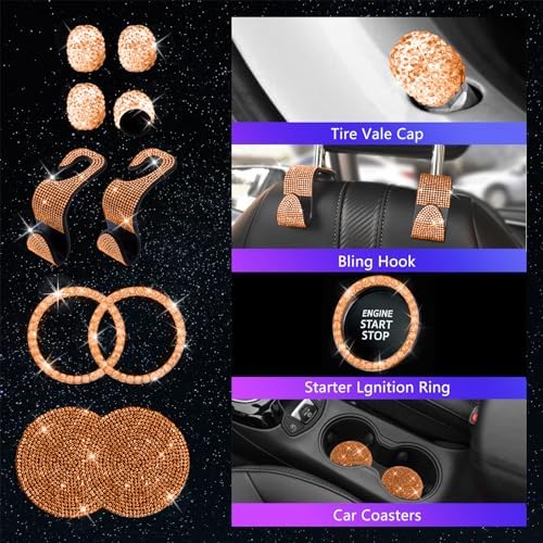 25PCS Bling Car Accessories Set,15 Inch Steering Wheel Cover,Shiny License Plate Frame,Center Console Cover and Rearview Mirror Set and Other Car Accessories(Orange) - Image 4
