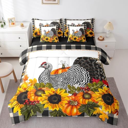 Erosebridal Black Turkey Queen Comforter Set - 7 Pieces Bed in a Bag Set,Thanksgiving Pumpkin Sunflower Bedding Sets Queen with Autumn Harvest Quilted Comforter,Flat Sheet,Fitted Sheet,Pillowcases by Erosebridal
