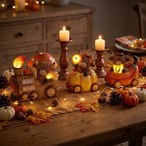Valery Madelyn Fall Decorations for Home, Lighted Highland Cow Train Decor for Table Indoor, Resin Fall Decor Sunflower Mushroom Corn Thanksgiving Figurines for Autumn Harvest Porch Tiered Tray, 4.3" - Image 2